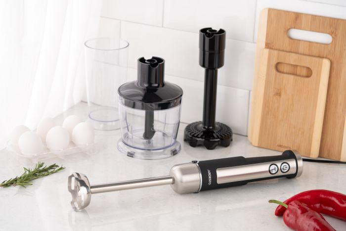 Блендер Ardesto заглибний 1000Вт, 3в1, чаша-600мл, чопер-500мл, насадка для пюре, чорно-сріблястий