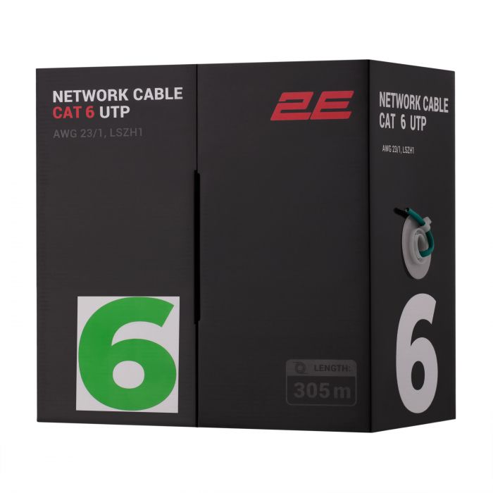Кабель "вита пара" 2E CAT 6, U-UTP, 305м, AWG 23/1, LSZH-1, зелений
