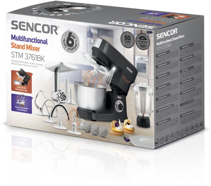 Кухонна машина Sencor 1000Вт, чаша-метал, корпус-пластик, насадок-12, чорний