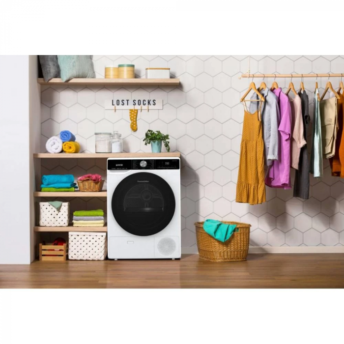 Сушильна машина Gorenje тепловий насос, 9кг, A++, 60см, дисплей, 15 програм, підсвітка барабану, білий