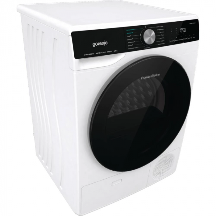 Сушильна машина Gorenje тепловий насос, 9кг, A++, 60см, дисплей, 15 програм, підсвітка барабану, білий