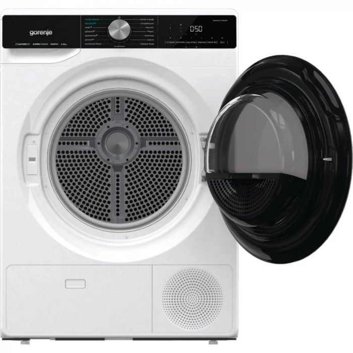 Сушильна машина Gorenje тепловий насос, 9кг, A++, 60см, дисплей, 15 програм, підсвітка барабану, білий