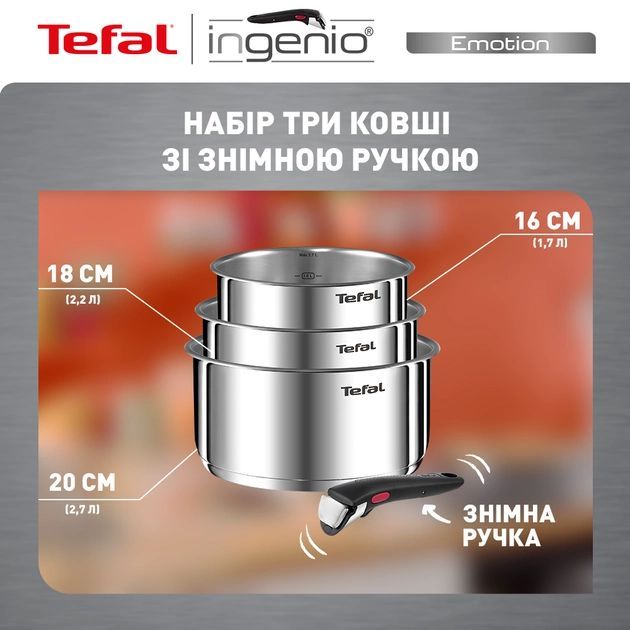 Набір посуду Tefal Ingenio Emotion, змінна ручка, 4предмети, нержавіюча сталь, бакеліт