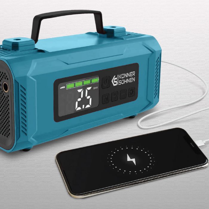 Пуско-зарядний пристрій портативний акумуляторний Konner&Sohnen KS JSP-2000 з компресором, 15В, 14800мА·год, струм 800А/пік 2000А, USB, 22л/хв, 1.6кг