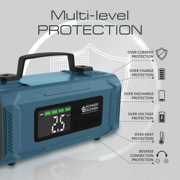 Пуско-зарядний пристрій портативний акумуляторний Konner&Sohnen KS JSP-2000 з компресором, 15В, 14800мА·год, струм 800А/пік 2000А, USB, 22л/хв, 1.6кг