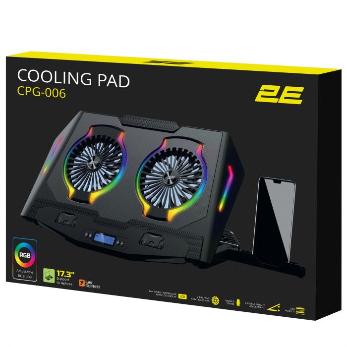 Підставка для ноутбука 2E GAMING CPG-006, до 17.3", 2xUSB-A, LCD/phone holder, RGB, чорний