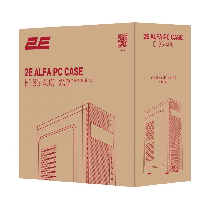 Корпус 2E Alfa E185-400 з БЖ 2E ATX400W, 1xUSB3.0, 2xUSB2.0, VGA 310мм, ATX, чорний