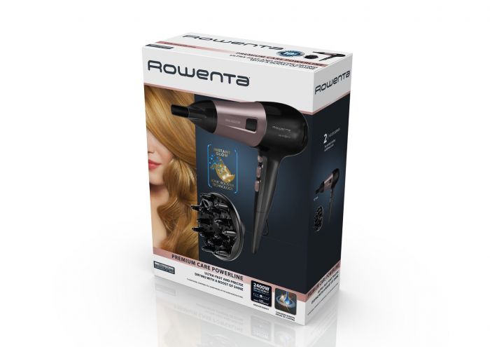Фен Rowenta Powerline, 2400Вт, 3 режими, дифузор, іоніз-я, хол. обдув, чорно-рожевий