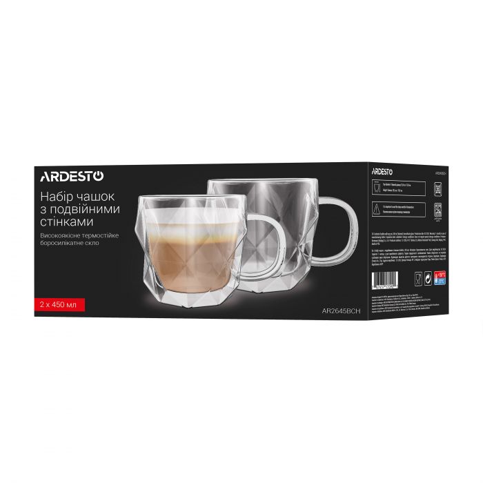 Набір чашок з ручками і подвійними стінками ARDESTO, 450мл, 2шт, боросилікатне скло, прозорий