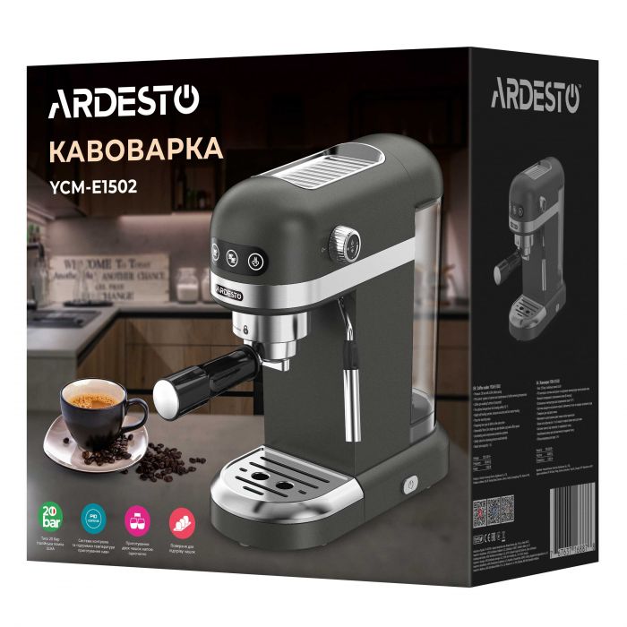 Кавоварка Ardesto  ріжкова 1.4л, мелена, ручний капучинатор, підігрів чашок, чорний
