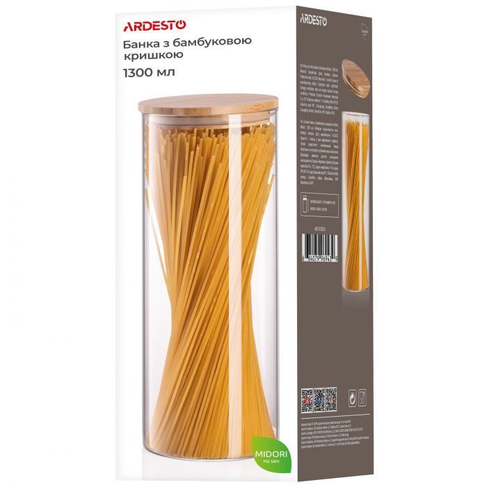 Банка для зберігання Ardesto Midori, 1300мл, скло, бамбук, кругла, прозорий