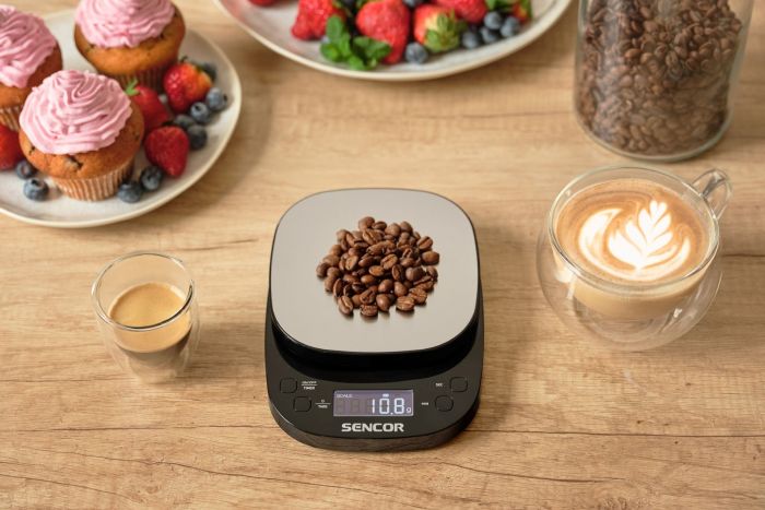 Ваги Sencor кухонні для кави, 2кг, АААx3, регулювання гравітації, пластик, чорний-нержавіюча сталь