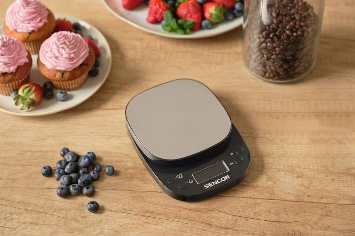Ваги Sencor кухонні для кави, 2кг, АААx3, регулювання гравітації, пластик, чорний-нержавіюча сталь
