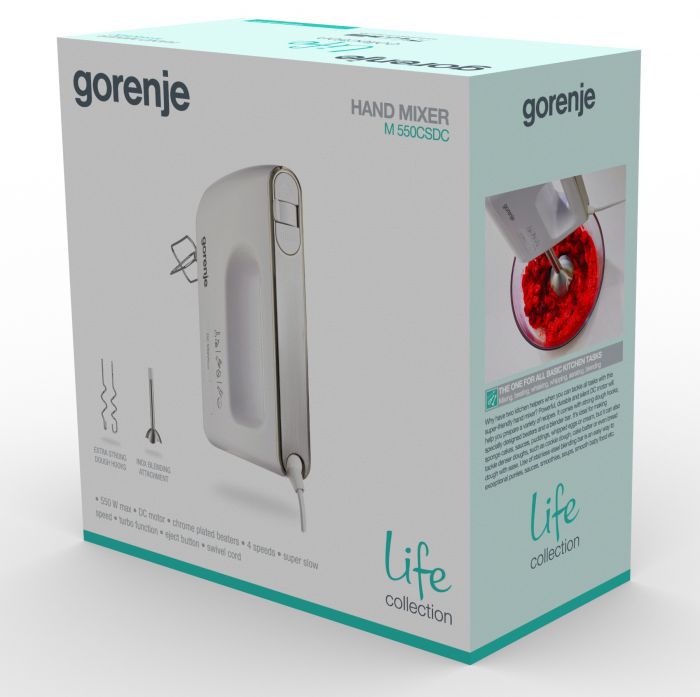 Міксер Gorenje ручний 550Вт, насадки-4 вінчика + блендер, турборежим, білий
