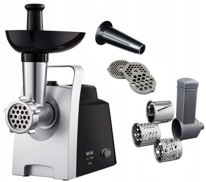 М'ясорубка Tefal HV1 7in1, 1400Вт, 1.7кг/хв, 3 решітки, насадка для ковбас, 3 терки, пластик, чорно-сріб.
