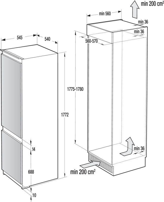 Холодильник Gorenje вбудований з нижн. мороз., 177х55х54см, 2 двері, 180(68)л, А+, NF, Зона св-ті, Диспл, Біли