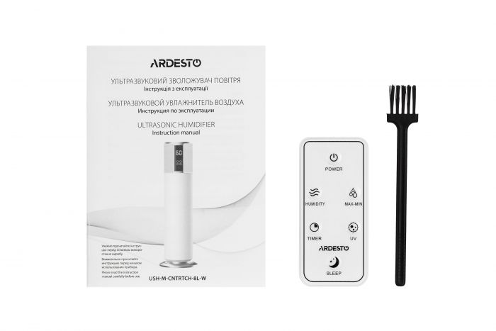 Зволожувач повітря ARDESTO ультразвуковий, 50м2, 8л, 300мл/г, електр. кер-ння, пульт ДК, верх. залив води, дисплей, білий