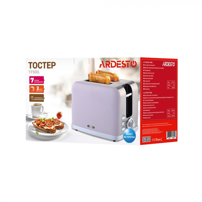 Тостер Ardesto T-F500L, 800Вт, метал, 2 слоти, ліловий+сріблястий