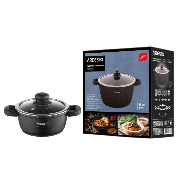 Каструля зі скляною кришкою Ardesto Gemini Anzio, 1.2л, алюміній, чорний