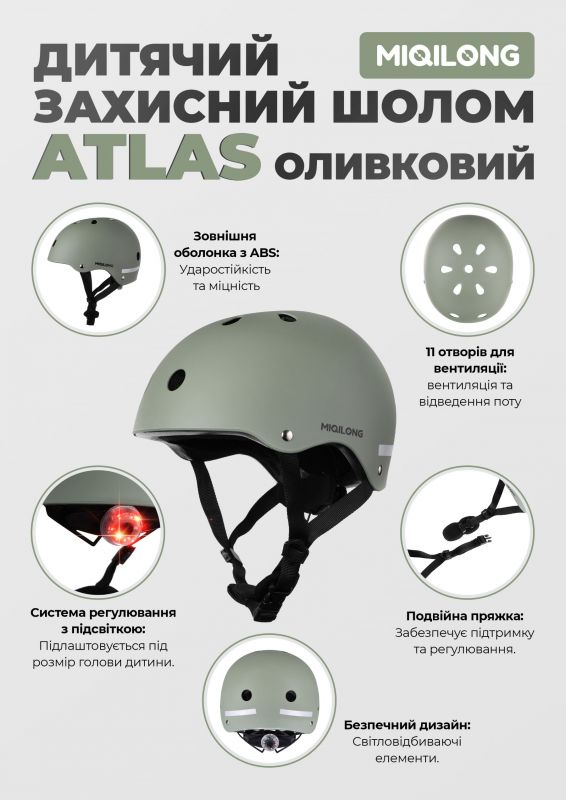 Дитячий захисний шолом Miqilong Atlas оливковий
