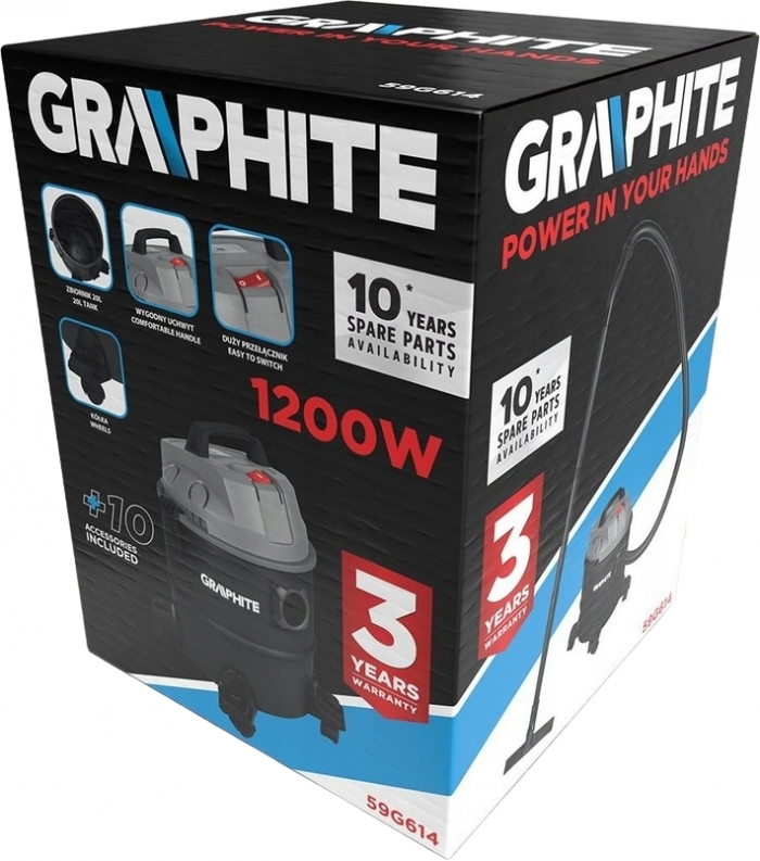 Пилосос професійний GRAPHITE, 1200Вт, 18кПа, контейнер 20л,  колеса
