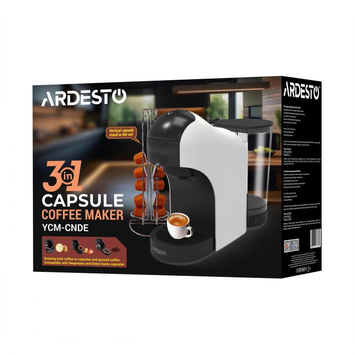 Кавоварка Ardesto капсульна, 0.8л,  капсули Nespresso, Nescafe Dolce Gusto, мелена кава, сенсорне керування, білий