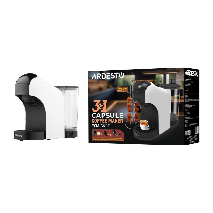 Кавоварка Ardesto капсульна, 0.8л,  капсули Nespresso, Nescafe Dolce Gusto, мелена кава, сенсорне керування, білий