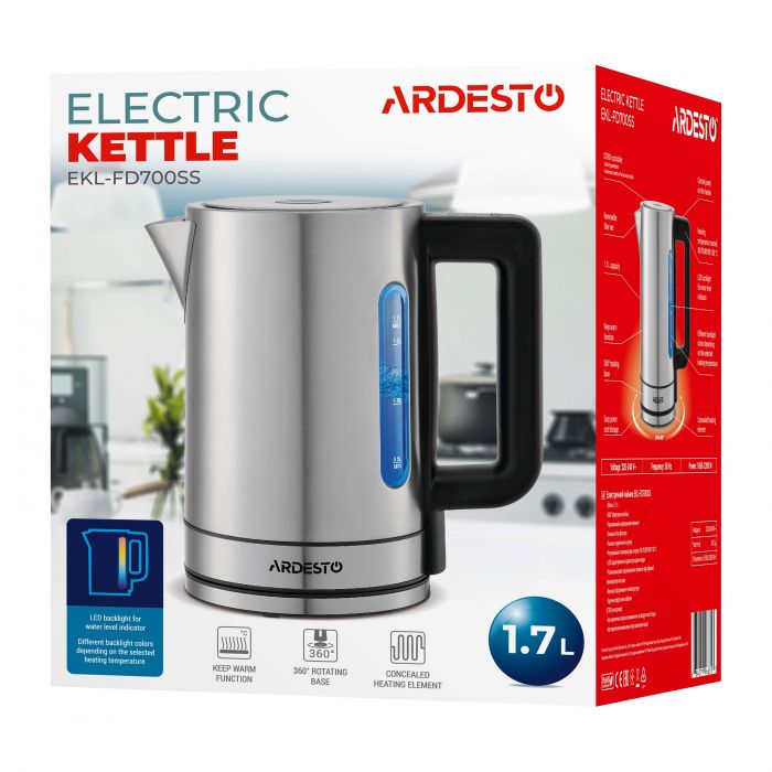 Електрочайник ARDESTO Steel Collection 1.7л, Strix, метал, сріблястий