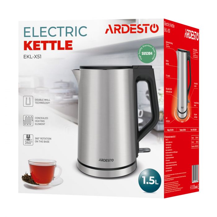 Електрочайник Ardesto Steel Collection 1.5л, подвійні стінки, сріблястий