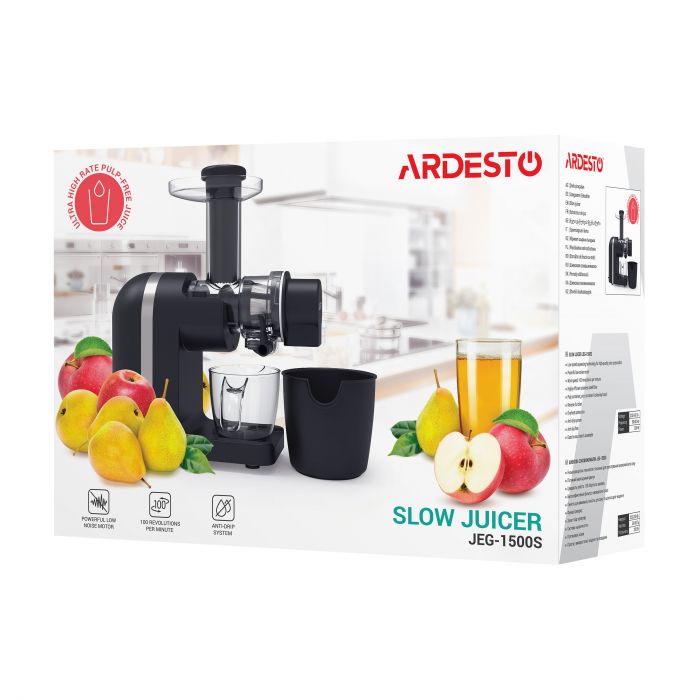 Соковитискач ARDESTO шнековий 200Вт, чаша-0.6л, жмих-0.7л, пластик/метал, чорно-сріблястий