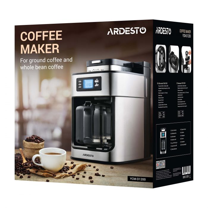 Кавоварка Ardesto крапельна Steel Collection 1.2л, зерно + мелена, дисплей, сріблясто-чорний