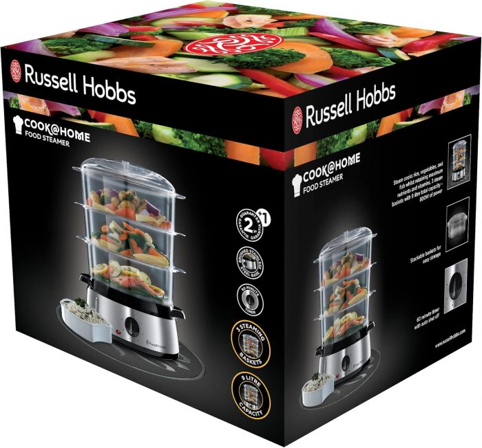 Пароварка Russell Hobbs Cook&Home 800Вт, чаша-3/3/3л, резервуар для води -1л, механічне керування, 3 яруси, метал/пластик, чорний