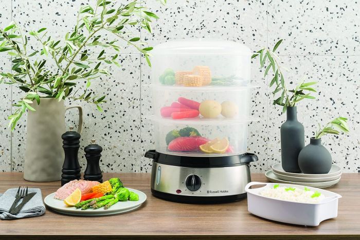 Пароварка Russell Hobbs Cook&Home 800Вт, чаша-3/3/3л, резервуар для води -1л, механічне керування, 3 яруси, метал/пластик, чорний