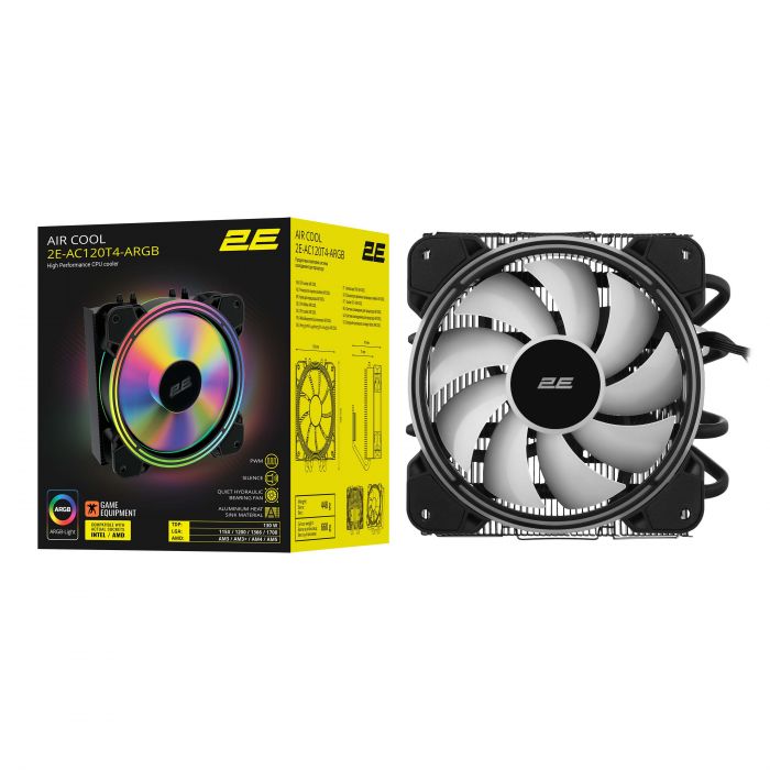 Процесорний кулер 2E GAMING Air Cool AC120T4-ARGB, LGA1700, 1200, 115x, 1366, AM5, AM4, AM3, AM3+, 4pin PWM, 3pin +5VARGB, TDP 130W