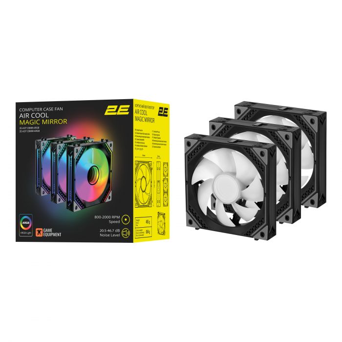 Корпусний вентилятор 2E GAMING Air Cool Magic Mirror ACF120MB-ARGB, 3x120мм, 2000rpm, 4pin PWM +5VARGB, 20.5dBa, чорний