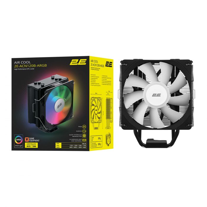 Процесорний кулер 2E GAMING Air Cool ACN120B-ARGB, LGA1700, 1200, 115x, 1366, AM5, AM4, AM3, AM3+, 4pin PWM, 3pin +5VARGB, TDP 180W