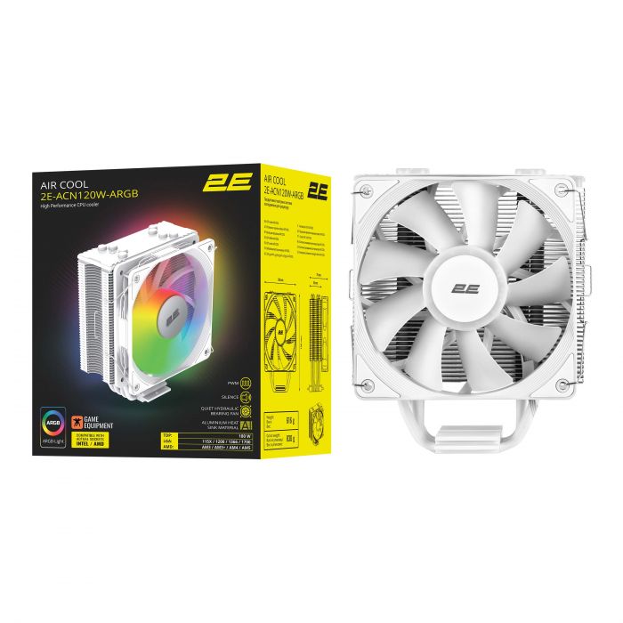 Процесорний кулер 2E GAMING Air Cool ACN120W-ARGB, LGA1700, 1200, 115x, 1366, AM5, AM4, AM3, AM3+, AM2 ,AM2+, FM2, FM1 4pin PWM, 3pin +5VARGB, TDP 180W