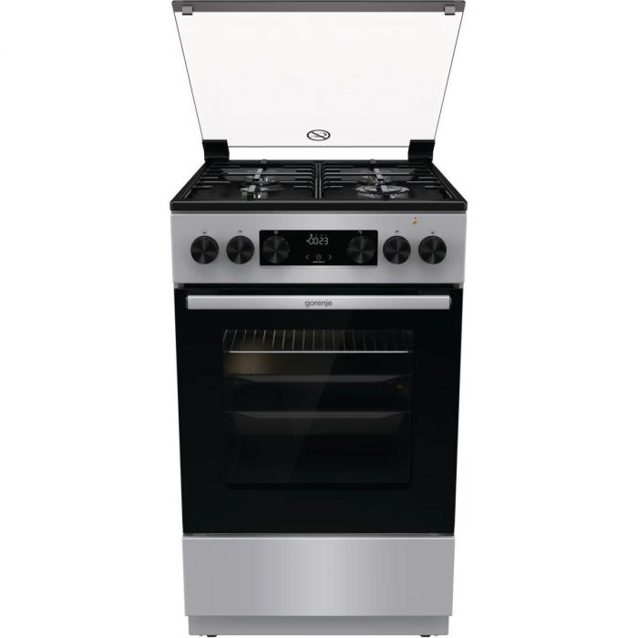 Плита Gorenje комбінована, 70л, 50x60см, дисплей, емальовані реш, програматор IconLed, кришка-скло, сріблястий