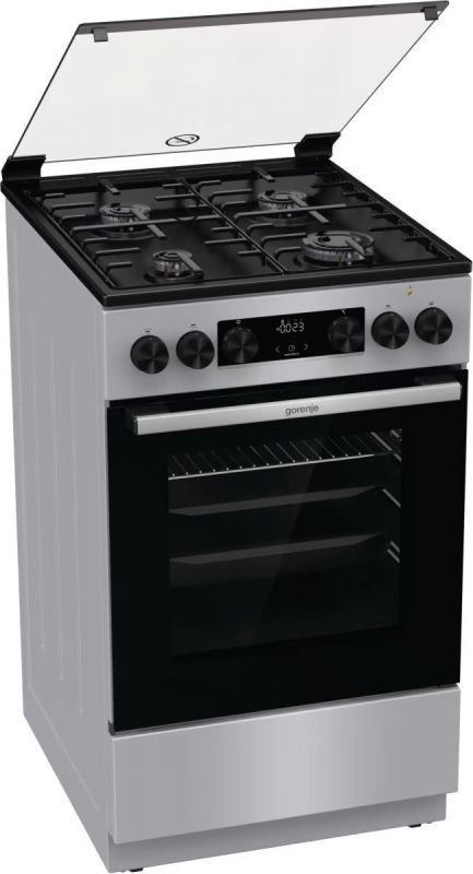 Плита Gorenje комбінована, 70л, 50x60см, дисплей, емальовані реш, програматор IconLed, кришка-скло, сріблястий