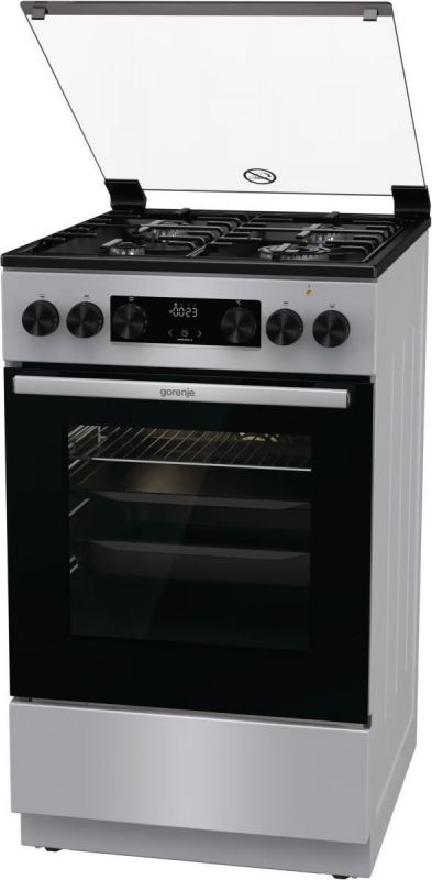 Плита Gorenje комбінована, 70л, 50x60см, дисплей, емальовані реш, програматор IconLed, кришка-скло, сріблястий