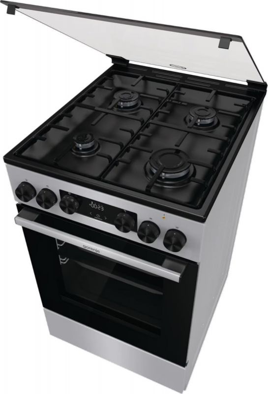 Плита Gorenje комбінована, 70л, 50x60см, дисплей, емальовані реш, програматор IconLed, кришка-скло, сріблястий