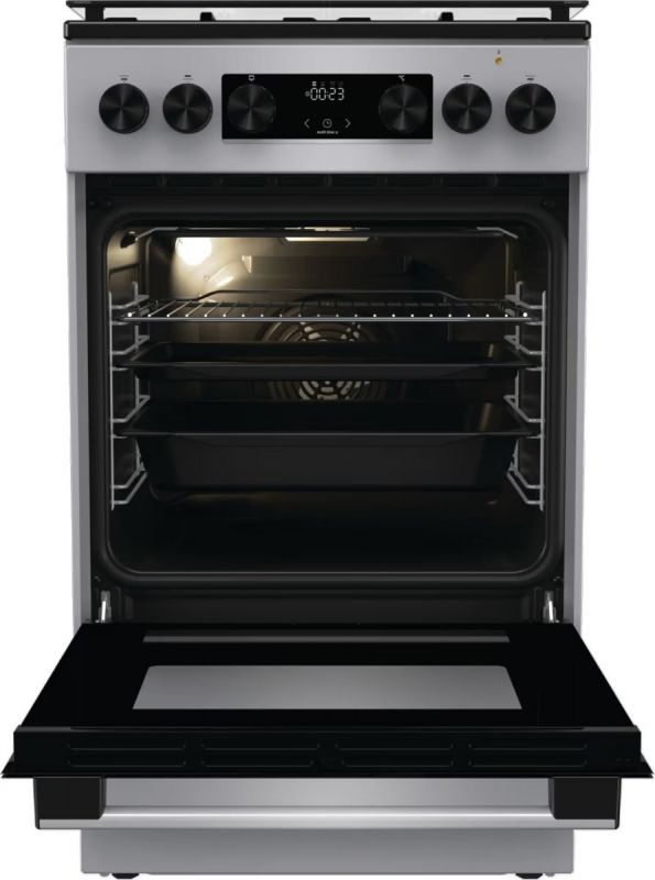 Плита Gorenje комбінована, 70л, 50x60см, дисплей, емальовані реш, програматор IconLed, кришка-скло, сріблястий
