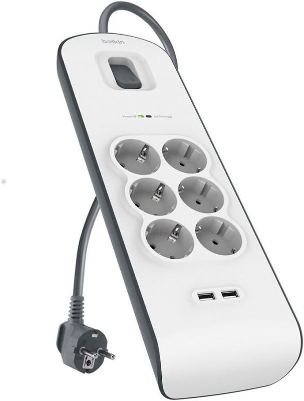 Подовжувач-фільтр мережевий Belkin 6хТип F, 3x1.5мм кв, 16А, 2xUSB-A 2.4A, з захистом від перенапруги, 2м, білий