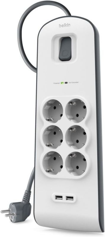 Подовжувач-фільтр мережевий Belkin 6хТип F, 3x1.5мм кв, 16А, 2xUSB-A 2.4A, з захистом від перенапруги, 2м, білий