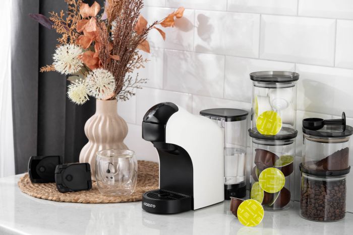 Кавоварка Ardesto капсульна, 0.8л,  капсули Nespresso, Nescafe Dolce Gusto, мелена кава, сенсорне керування, білий