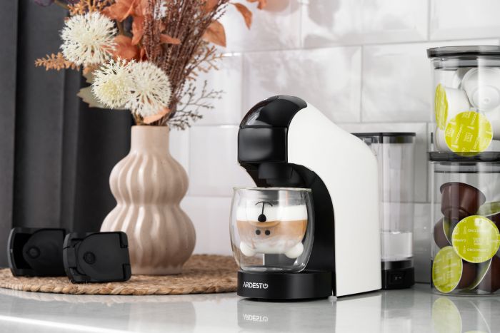 Кавоварка Ardesto капсульна, 0.8л,  капсули Nespresso, Nescafe Dolce Gusto, мелена кава, сенсорне керування, білий