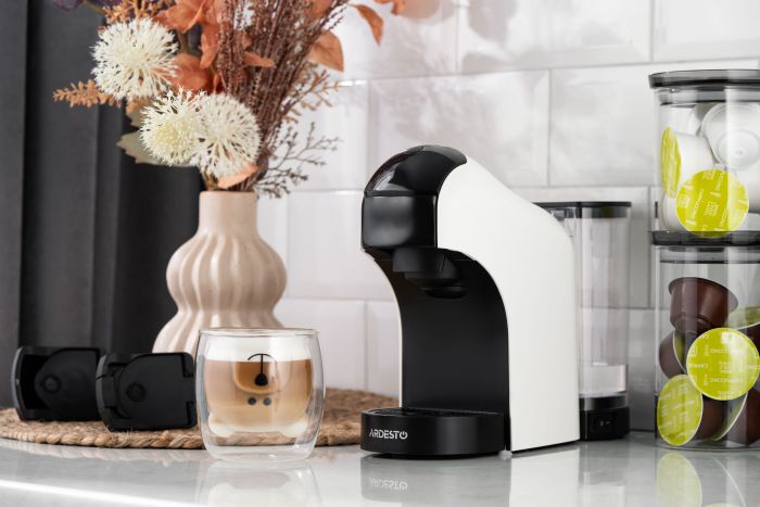 Кавоварка Ardesto капсульна, 0.8л,  капсули Nespresso, Nescafe Dolce Gusto, мелена кава, сенсорне керування, білий
