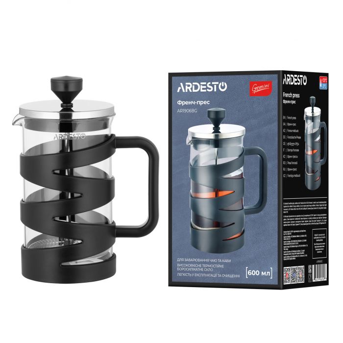 Френч-прес Ardesto Gemini, 600мл, боросилікатне скло, пластик, нержавіюча сталь, прозорий, чорний