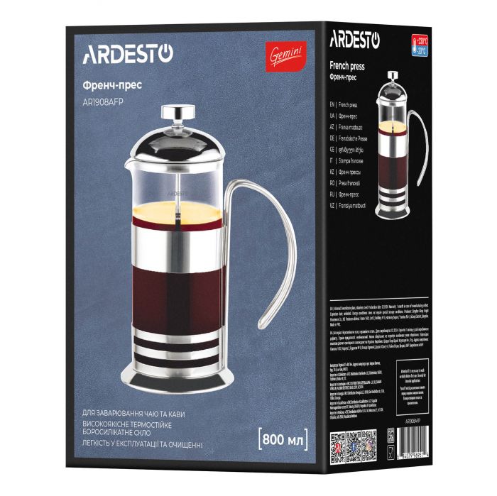 Френч-прес Ardesto Gemini Asti, 800мл, боросилікатне скло, нержавіюча сталь, прозорий