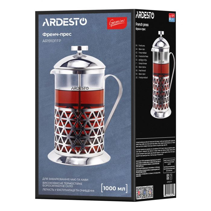 Френч-прес ARDESTO Gemini Fasano, 1000мл, боросилікатне скло, нержавіюча сталь, прозорий